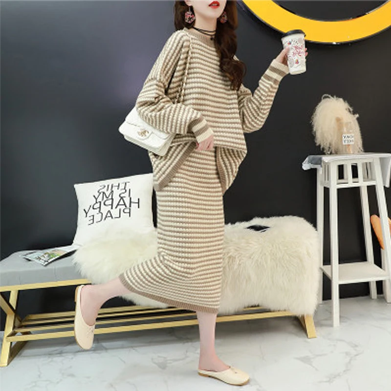

Net red knit shirt top two sets of women's autumn dress loose fashion body suit skirt women suit tide