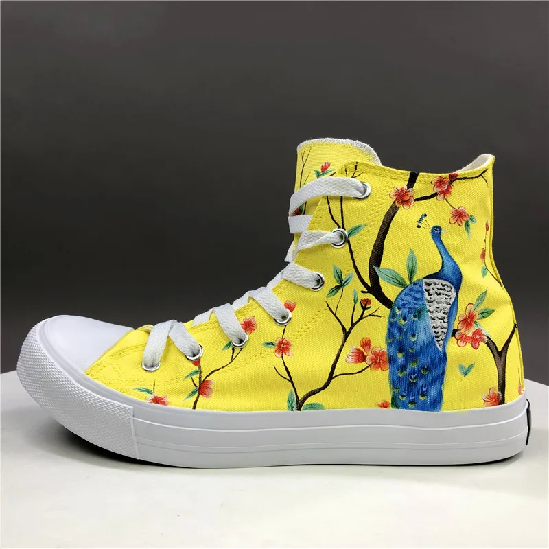 

Wen Chinoiserie Style Canvas Sneakers Graffiti Peacock Exquisite Plum Blossom Original Design Hand Painted Shoes Adult Zapatos