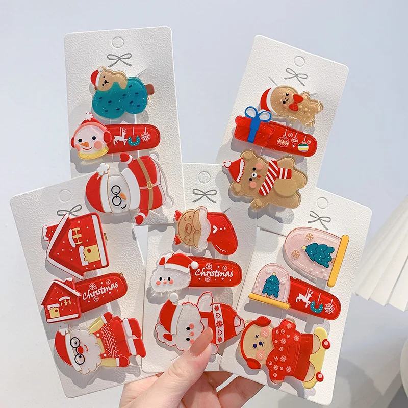 

New Girls Hair Accessories Festive Red Series Ladies Hair Clips Christmas Hair Tie Gingerbread Man Hairpin Acrylic 3pcs Suit