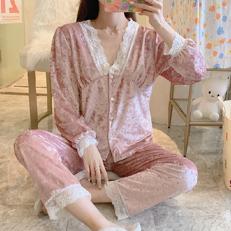 

Lace Warm Pyjamas Velvet Pyjama Set Femme 2Piece/set Lingerie Women's Home Clothes Sleepwear Nighty Flannel Loungewear Patchwork