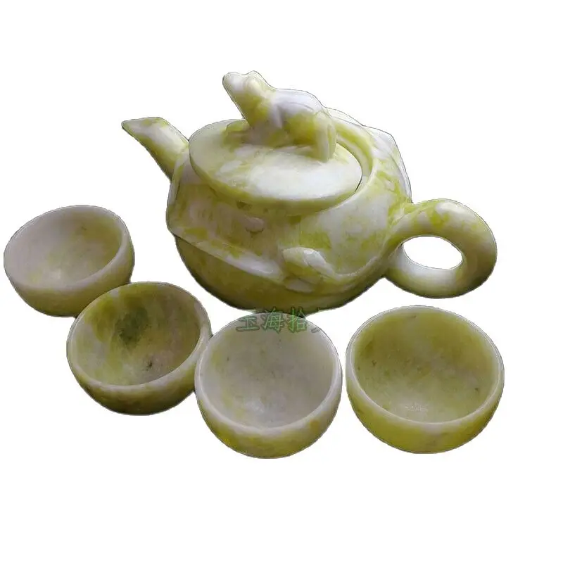 China Handmade Jade Carving Natural Stone Jade Teapot And Tea Cup A Set