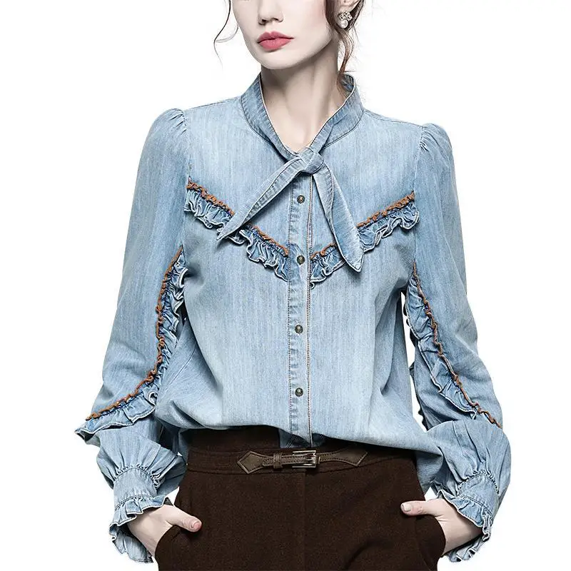 

Vintage Ruffle Lantern Sleeve Elegant Denim Shirt Women's 2021 Spring Autumn Bow Collar Single Breasted Blouse Tops For Women