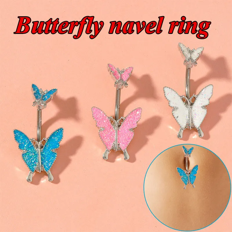

Shiny Butterfly Belly Button Rings Stainless Steel Crystal Opal Ombligo Woman Body Jewelry Double Butterfly Pendant Navel Ring