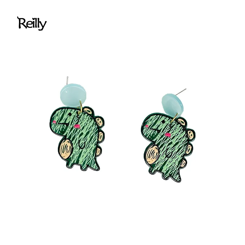 

2021 new graffiti embossed printing smiling face dinosaur bear 925 silver needle cute acrylic girl earrings.