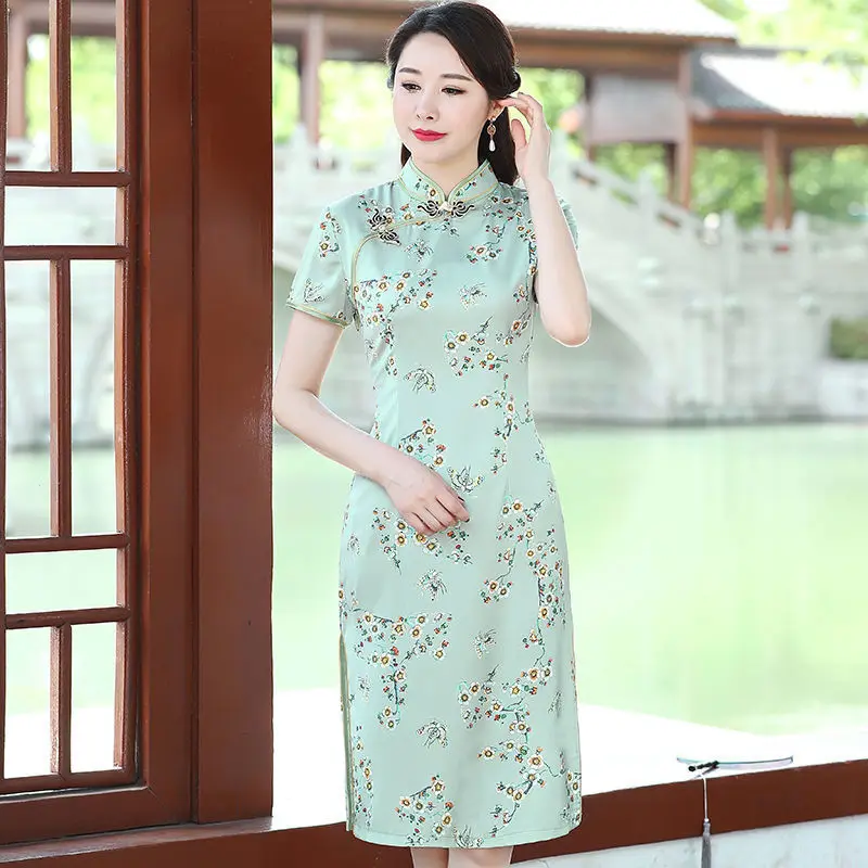 

2020 summer new cheongsam female mother dress long short sleeve cheongsam dress slim slim cheongsam skirt spring