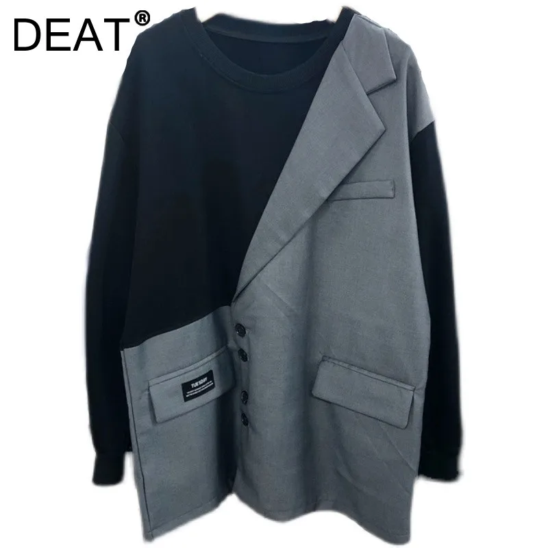 

DEAT 2021 Autumn And Winter New Fashion Asymmetric Splicing Loose Round Neck Pullover Women's Jacket 7C6368