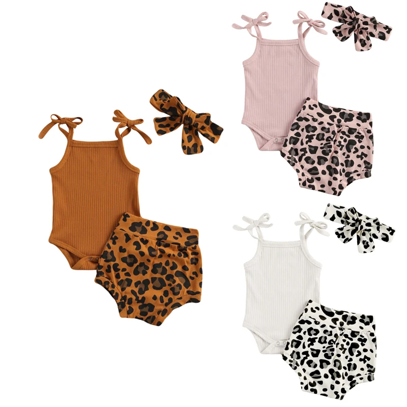 

0-18M Summer Baby Girls Boys Clothes Sets Leopard Print Sleeveless Knit Solid Romper Shorts Headband 3pcs