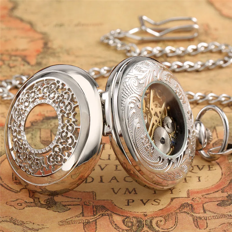 Classical Silver Hollow Out Flower Case Clock Unisex Mechanical Hand Winding Pocket Watch Men Women Skeleton Watches FOB Chain