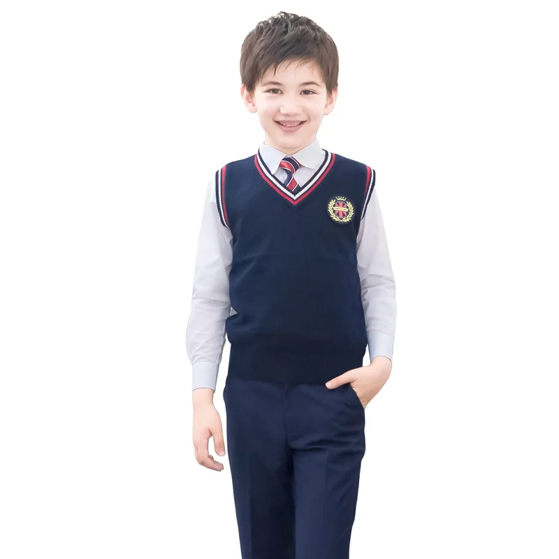 Boy Set Детская школьная одежда в корейском британском стиле; сезон осень-зима; школьная одежда; хлопковый комплект одежды из 5 предметов; жилет; клетчатая юбка - Цвет: Boy Set
