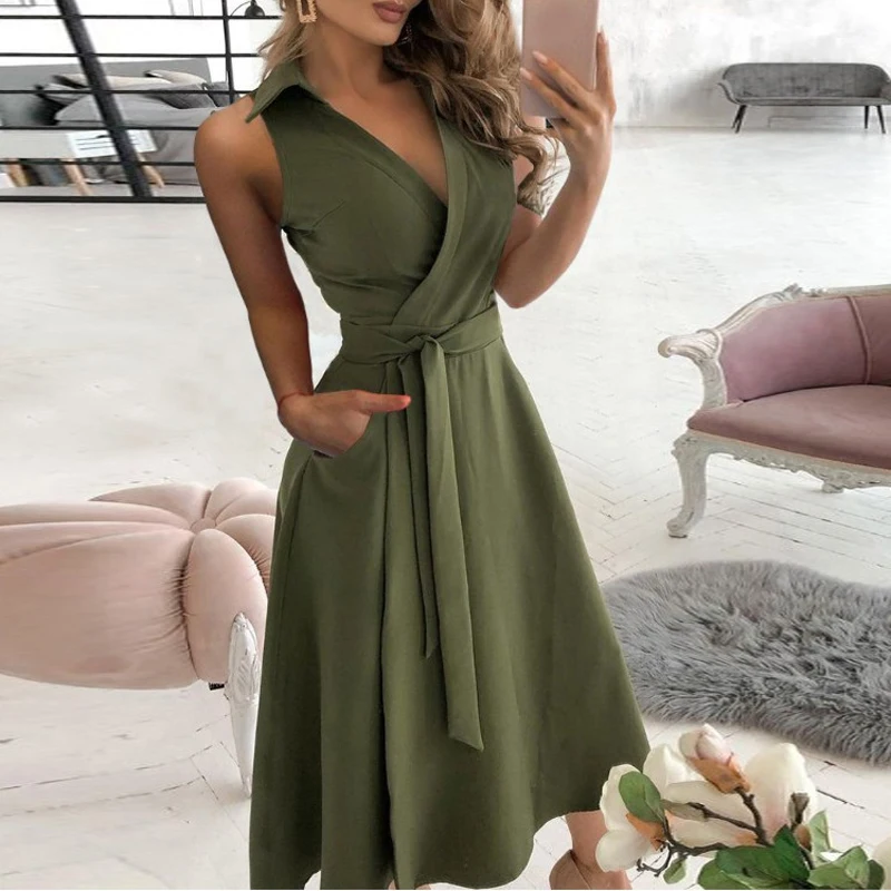 

2021 Solid Color Elegant Summer Sexy Women Party DressSleeveless V Neck Pocket Lady Casual Lace-Up Belted Female Dress