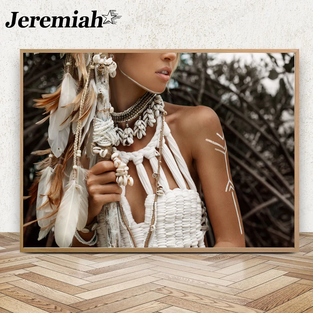 

Modern Character Canvas Poster Woman Wearing White Feather Dress Boho Style Picture Print Wall Art Living Room Decoration