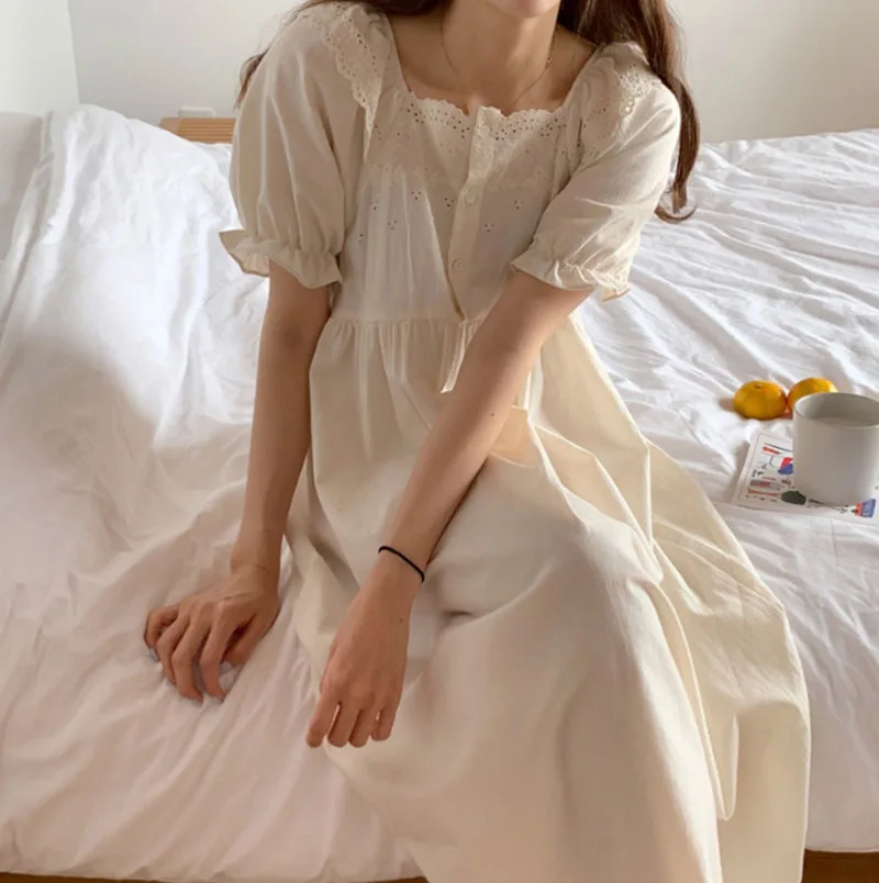 Women's Nightdress Pure Cotton Summer New Korean Nightwear Loose Medium Length Nightgown Home Wear Sleepwear Mid-Calf