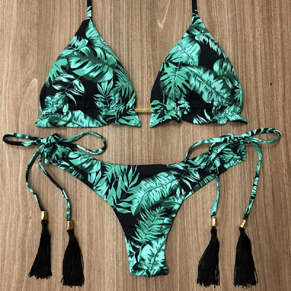 

Sexy Floral Print Bikinis Striped Patchwork Swimsuit Women Bandage Bikini Set Swimwear Brazilian Beachwear New Bathing Suit