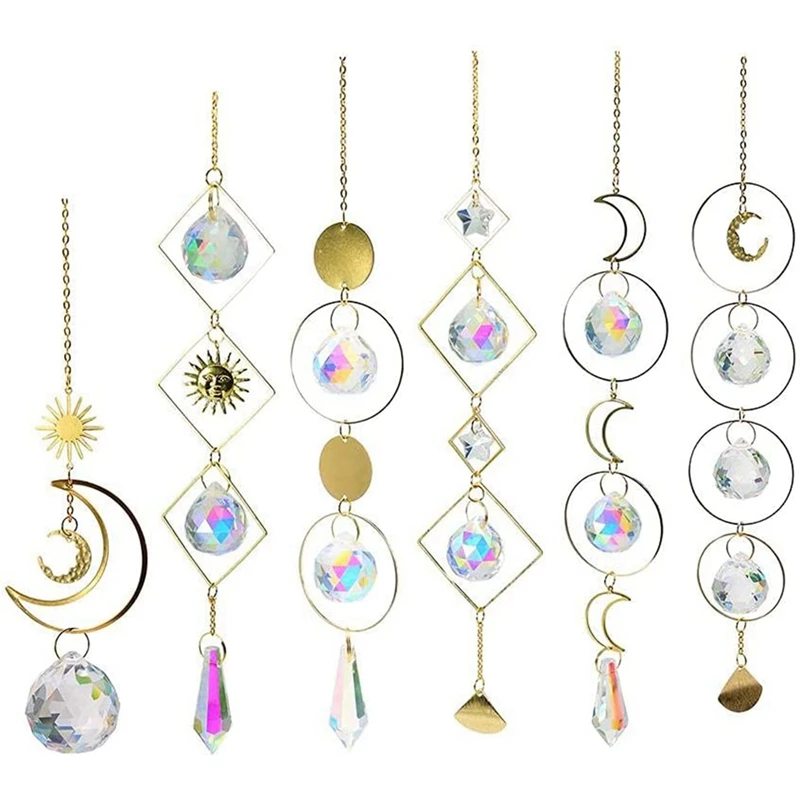 

LUDA 6 Pieces Moon Sun Hoop Rainbow Crystal Pendant Indoor Decoration Sun Catcher Wind Chimes Outdoor Garden Decoration