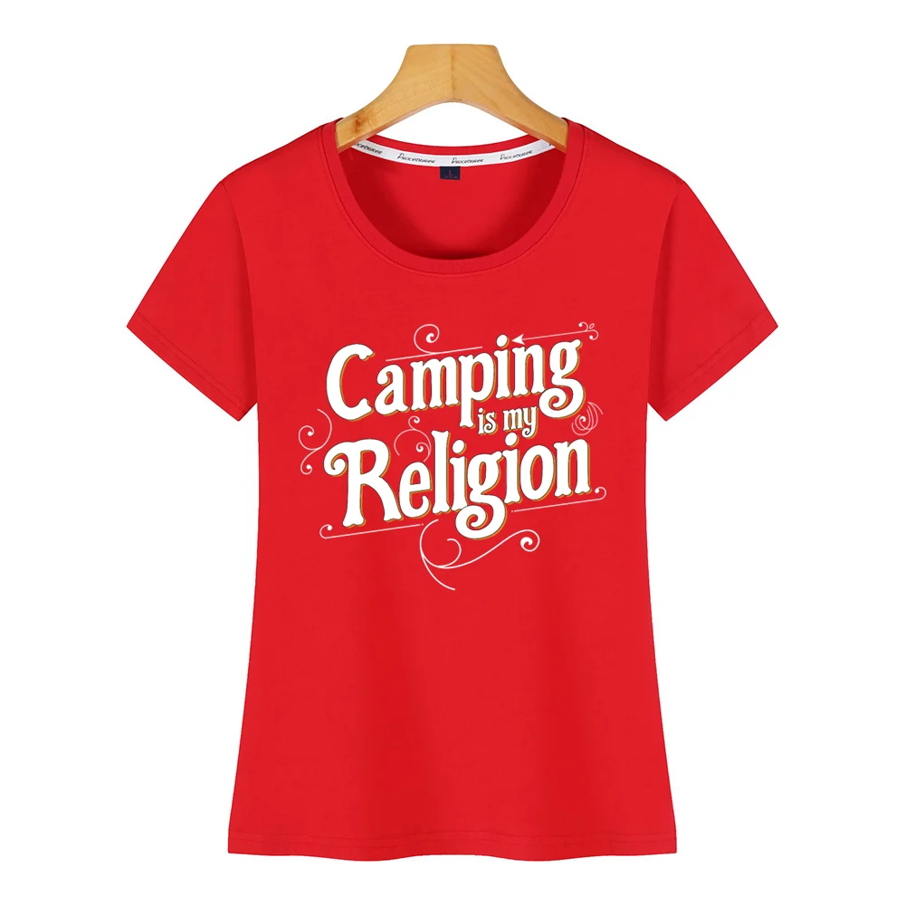 Женская футболка с надписью camping is my religion белая короткая | одежда