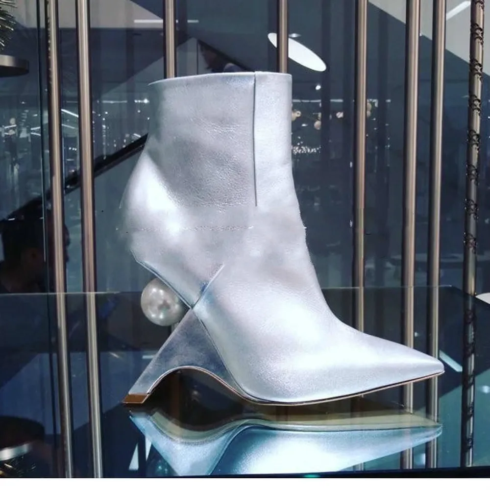 

Hot Sale Womens Pointy Toe Genuine Leather A big Pearl Strange Fretwork High Heel Shoes Ankle Boots Black Sliver New 2021