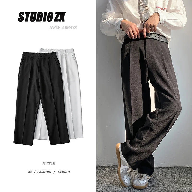 Autumn Black White Suit Pants Men's Fashion Society Mens Dress Pants Korean Loose Wide-leg Pants Men Straight Trousers S-2XL