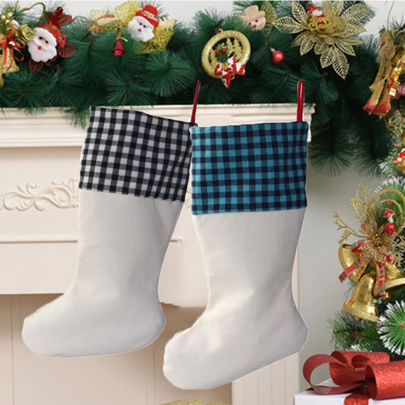 

Wholesale Sublimation Christmas Stocking DIY Plaid Sock Family Indoor Fireplace Decoration Festival Party Candy Storage Bag