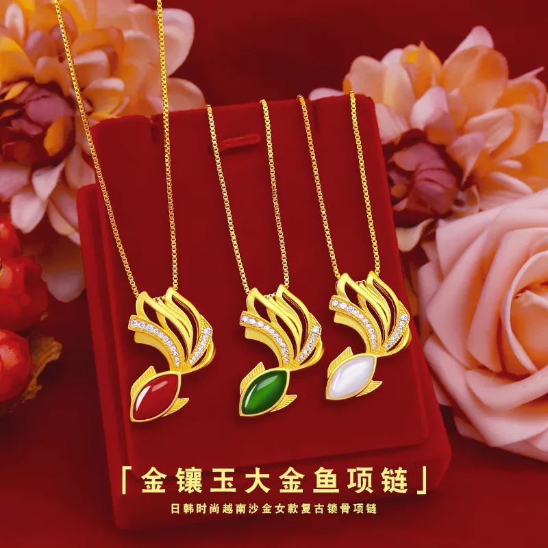 

FASHION 14K GOLD JEWELRY GOLDFISH PENDANT NECKLACE FEMALE STONE CHAIN NECKLACES CHOKER CLAVICLE FOR WOMEN GEMSTONE JADE JEWELRY