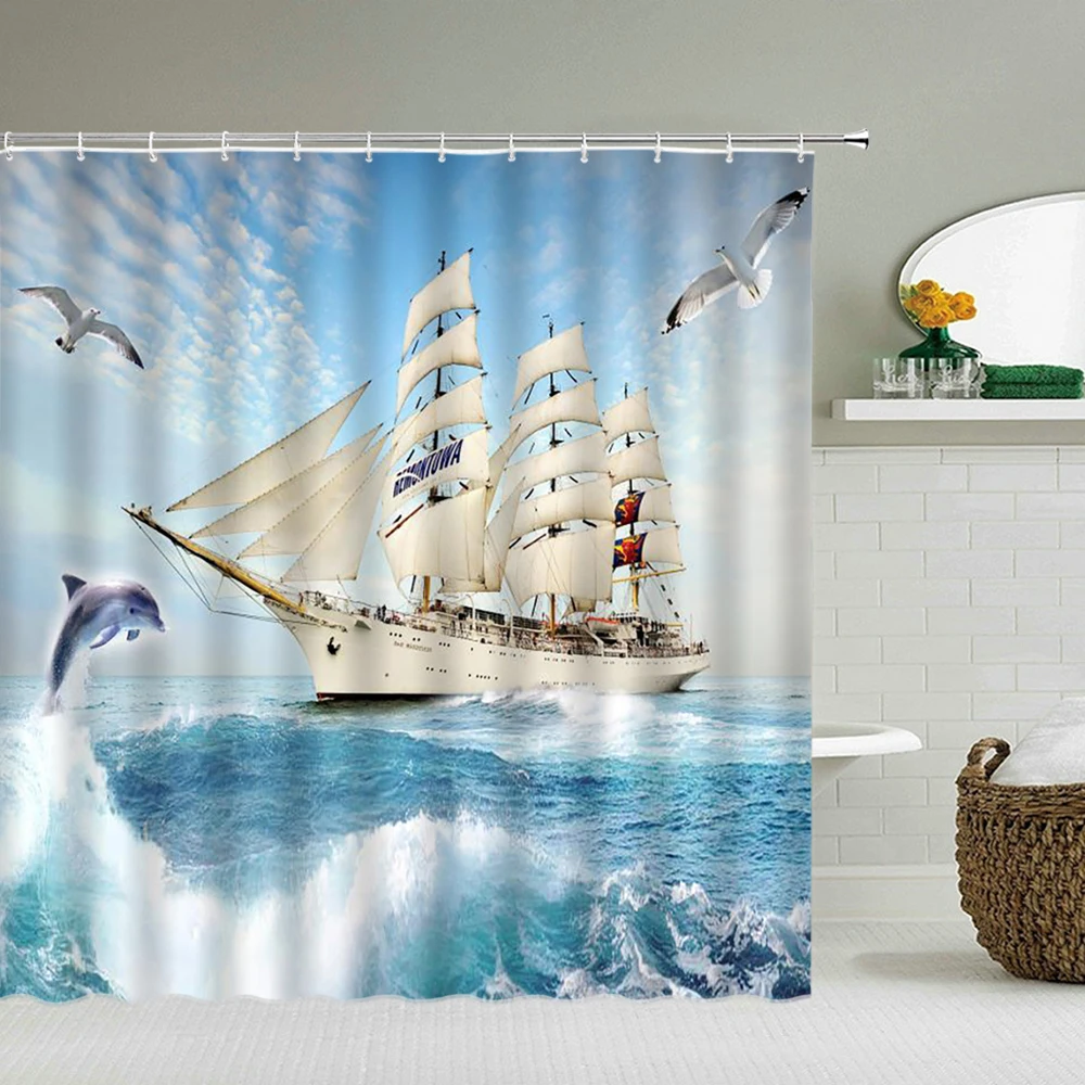 

Sailboat Waterproof Bathroom Shower Curtains Sea Navigation Bath Curtains 3d Printing With Hooks 180*180cm Washable Cloth