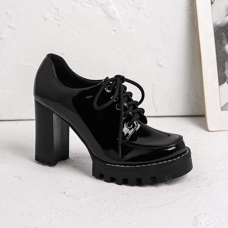 

ISNOM Thick High Heels Shoes Woman Round Toe Lace Up Women Pumps Platform Patent Leather Ladies Shoes Casual Pumps