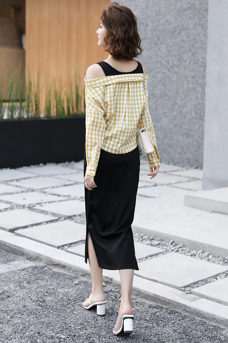 

2021 summer new fake two-piece skirt fashion plaid mid-length temperament comfortable dress women