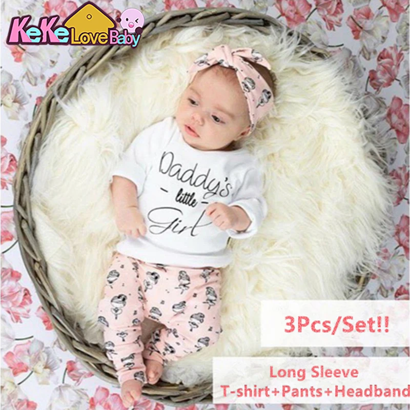 

3PCS Newborn Infant Baby Girl Clothes Cotton Long-sleeved Letter Daddy's Little Girl T-shirt+Pants+Headband Girls Clothing Set