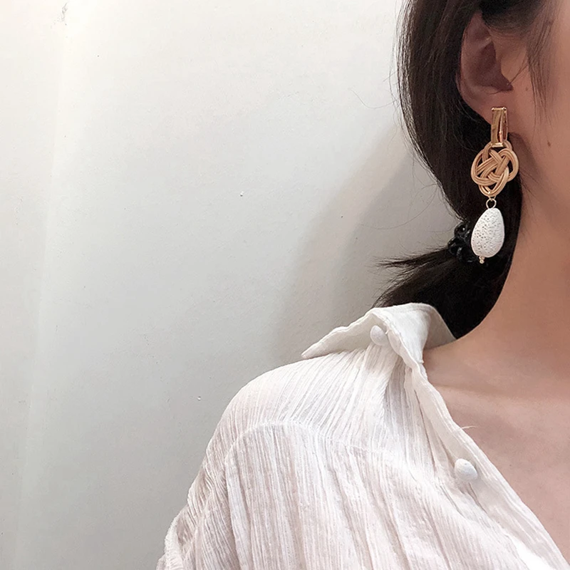 Женские Ротанговые висячие серьги ручной работы Длинные круглые из ротанга и