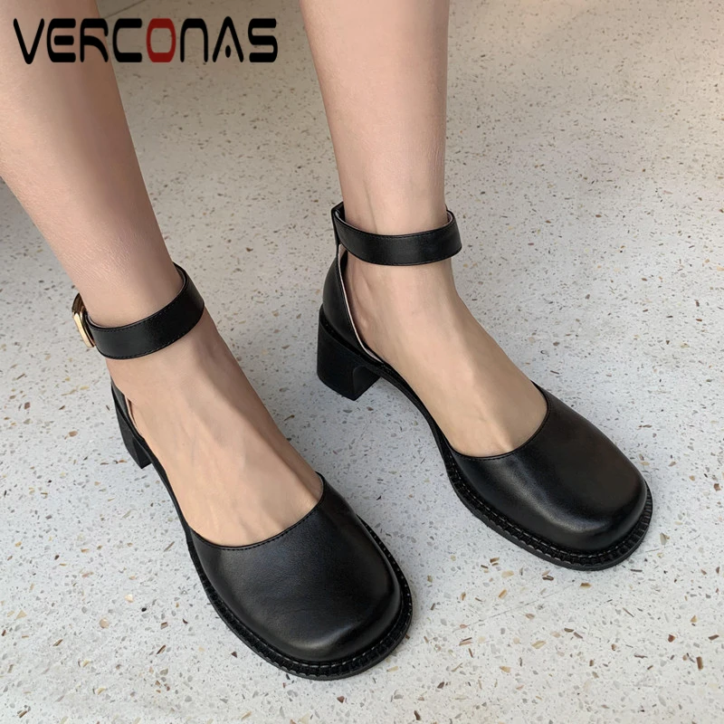 

VERCONAS New Buckle Ankle Strap Women Pumps Spring Summer Retro Concise Genuine Leather Round Toe Thick Heels Shoes Woman Casual