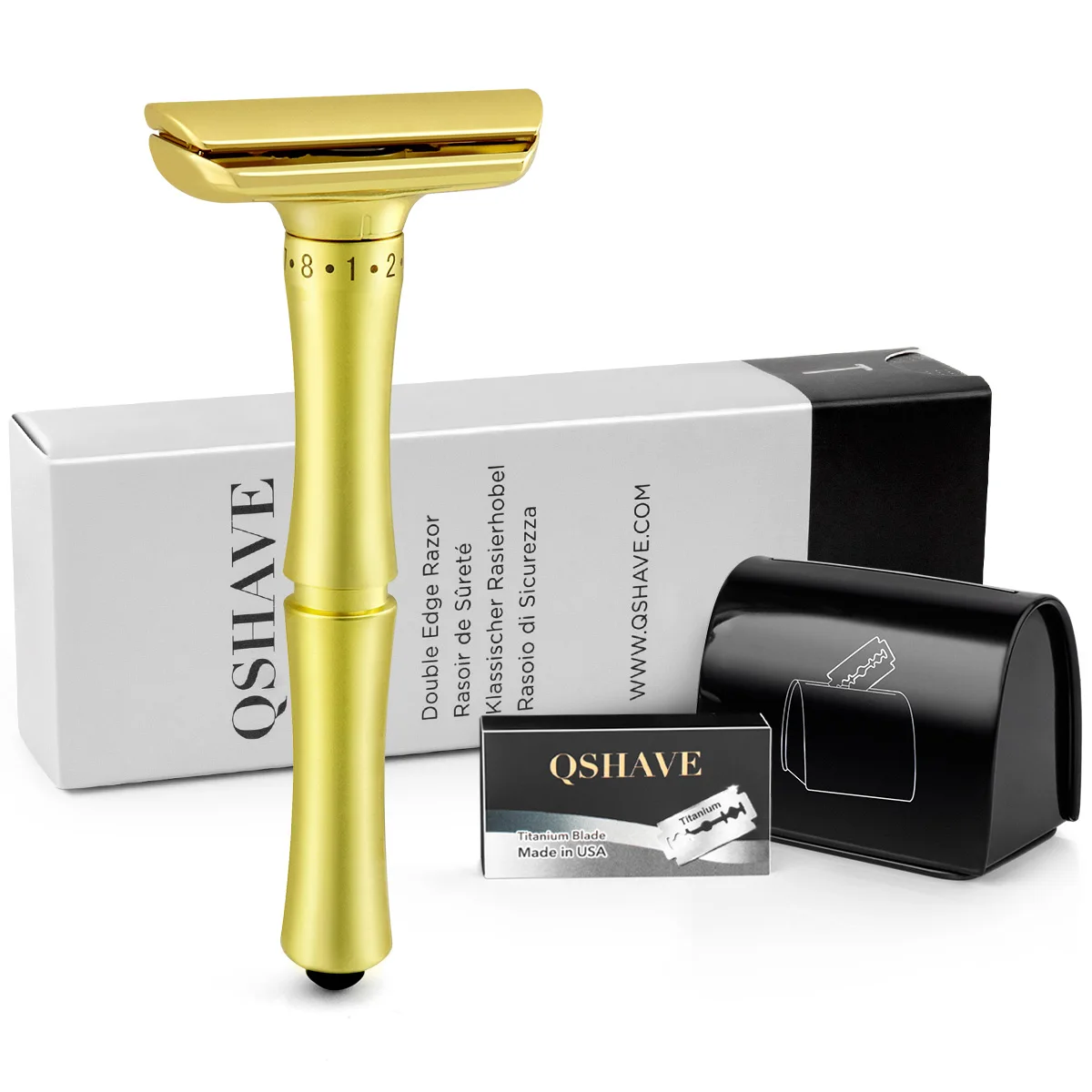 

QShave Golden Adjustable Safety Razor with Safer Press to Open Blade Replacing System 1 Razor 1 Blade Disposal Case & 5 blades