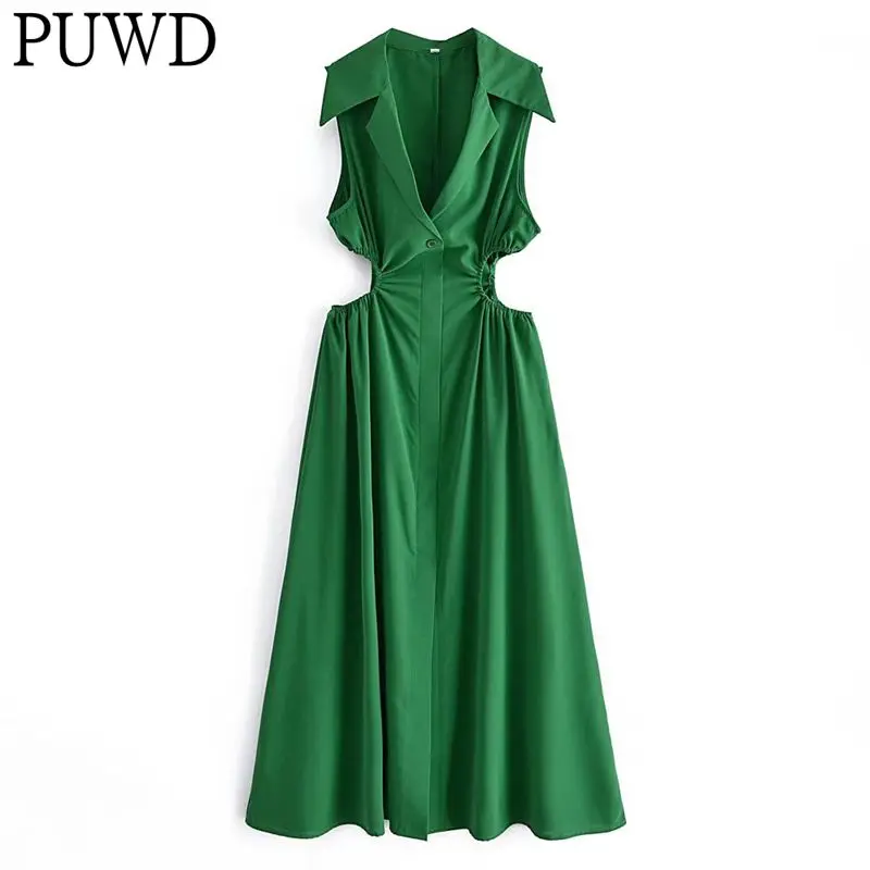 

Элегантное женское платье средней длины без рукавов PUWD, весна 2022, модное женское зеленое винтажное однотонное атласное платье с вырезами, ж...