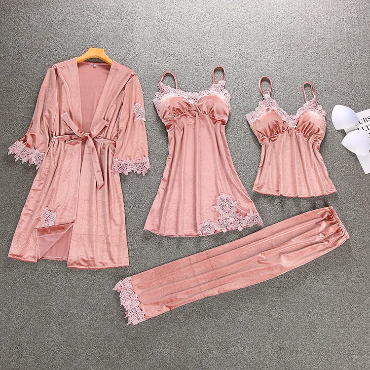 Осенне зимний теплый пижамный комплект из 4 предметов Женская пикантная Пижама