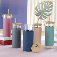 20oz single wall tumbler protective sleeve wood lid glass cup bottle with straw