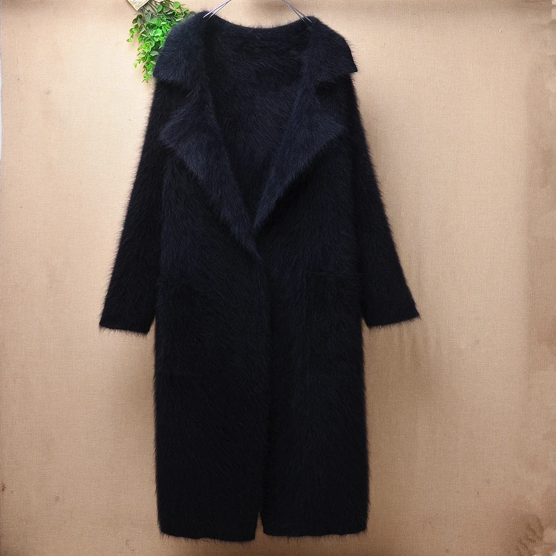 

Женский зимний длинный свитер из ангоры, кардиган 900 г, пальто из норкового кашемира, черный костюм с воротником, длинным рукавом, длинная ку...