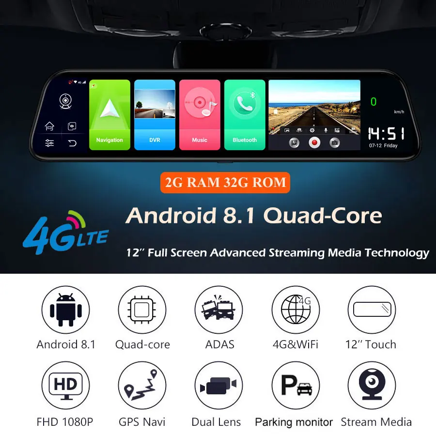 Olysine 12 дюймов Android 8,1 зеркало заднего вида DVR Автомобильный видеорегистратор ADAS wifi gps навигатор видеорегистратор 1080P двойной объектив видео рекордер