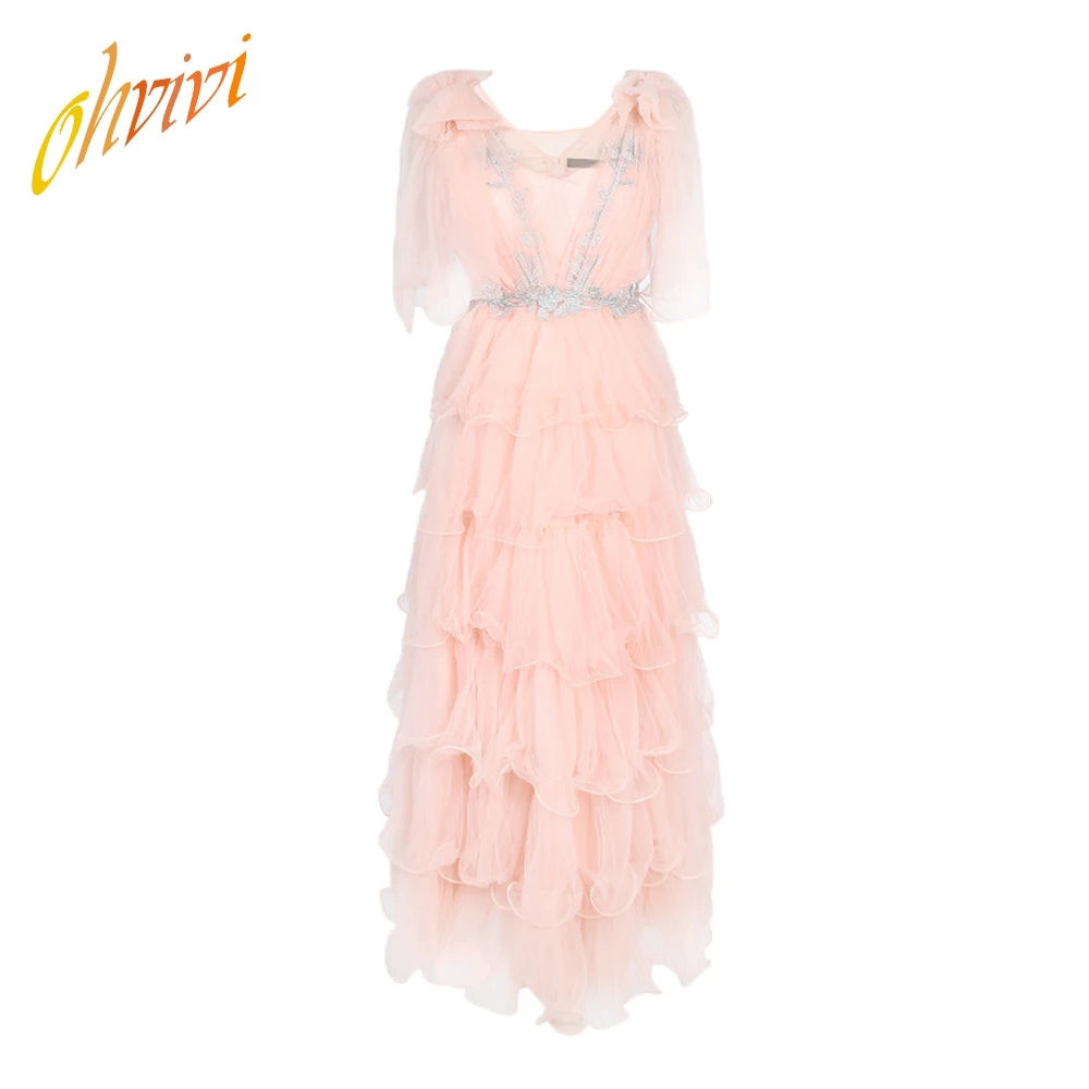 

Highly Elegant Style Women Evening Party Dress Rosy Pink High Quality OHVIVI Brand Layered Ruffles Long Dress with Embroidery