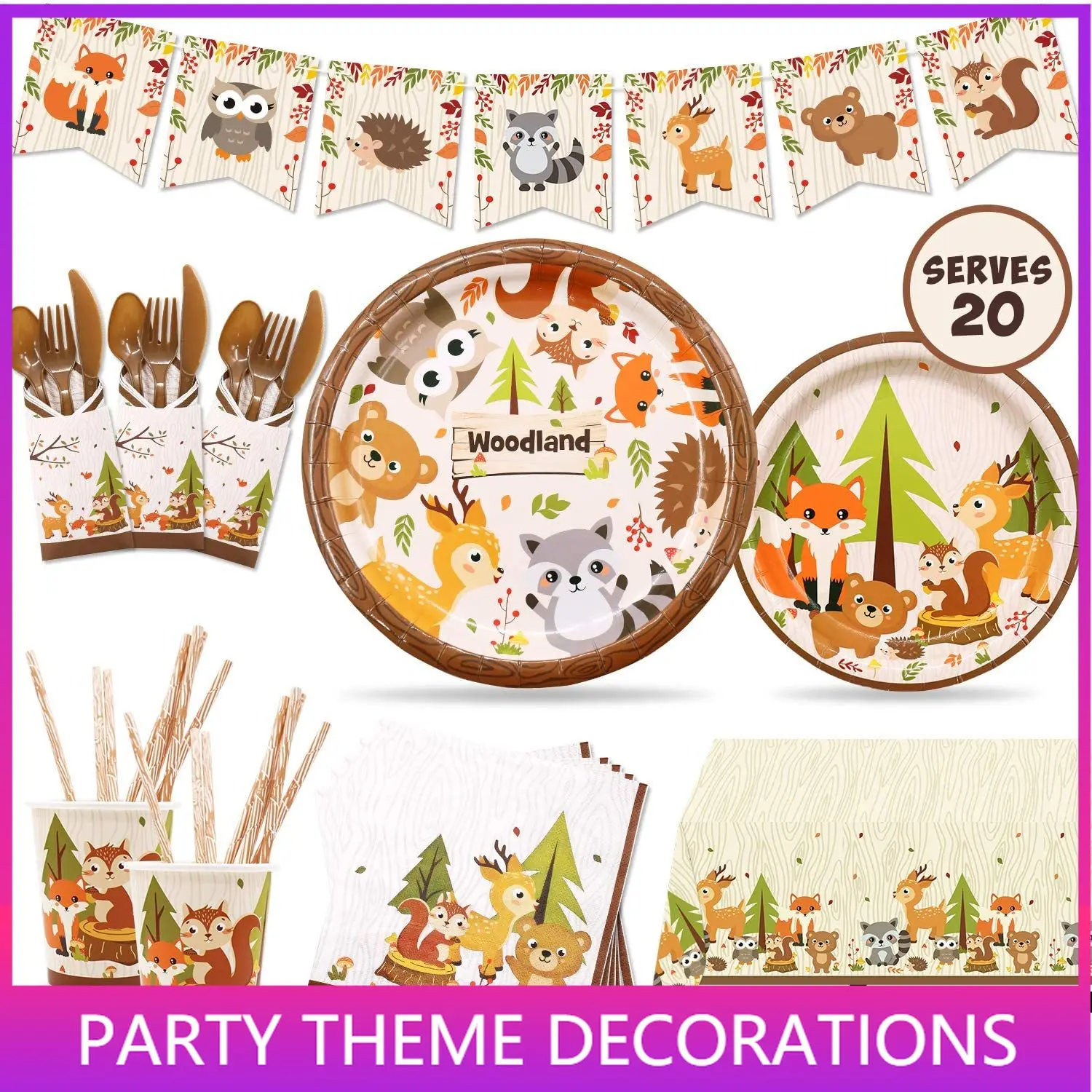 

Woodland Animal Party Tableware Supplies Set Including Banner Plates Cups Table Cover and Napkins, Jungle Animal Party Supplies