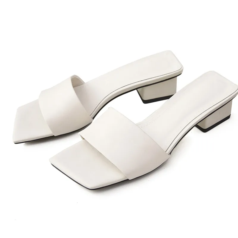 

Brand Design Leather Ladies Slippers Elegant Square Toe crude Heel High Heel Slippers Summer Outdoor Beach Slides Shoes