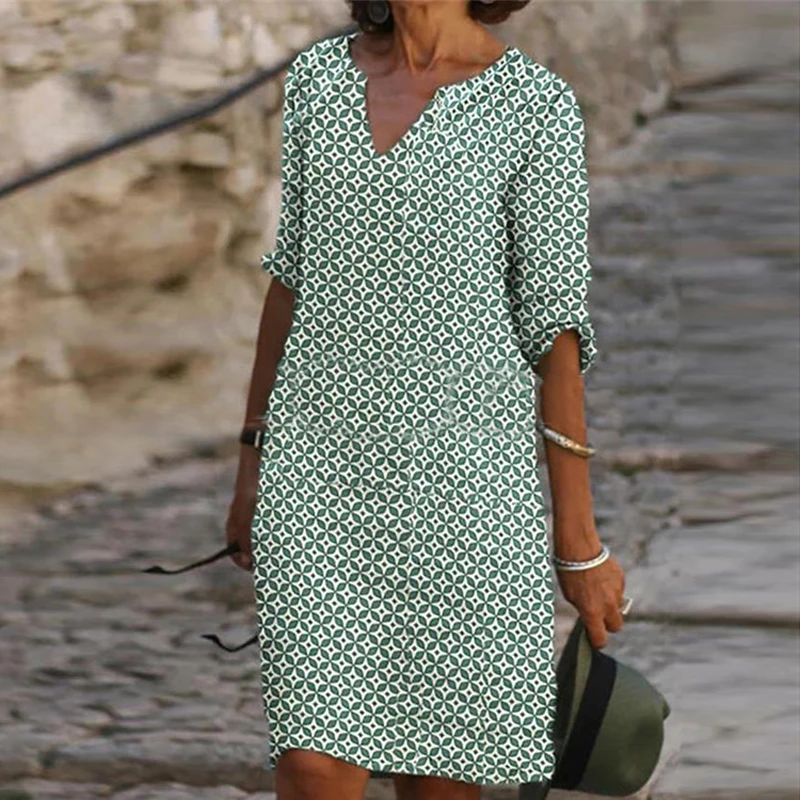 Женское платье с цветочным принтом Элегантное повседневное свободное до колен