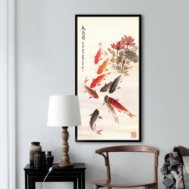 Традиционная китайская живопись картина большой цветок кои лотос девять рыб