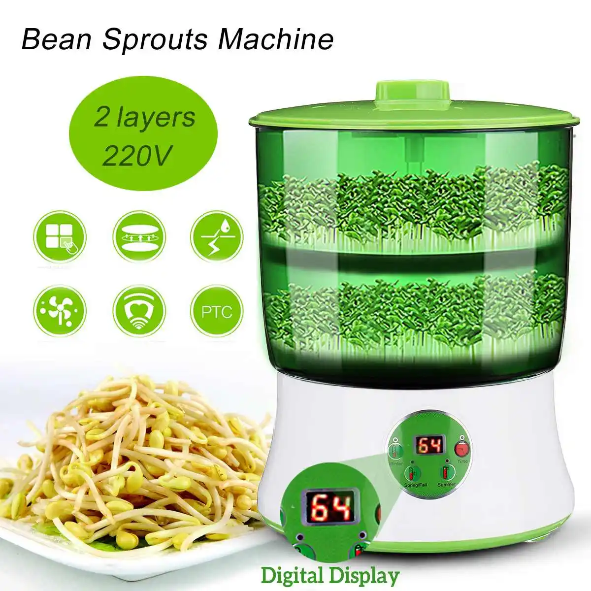

2 Layers 220V Bean Sprouts Maker Automatic Thermostat Green Seeds Growth Bucket Electric Sprout Bean Bud Germinator Machine