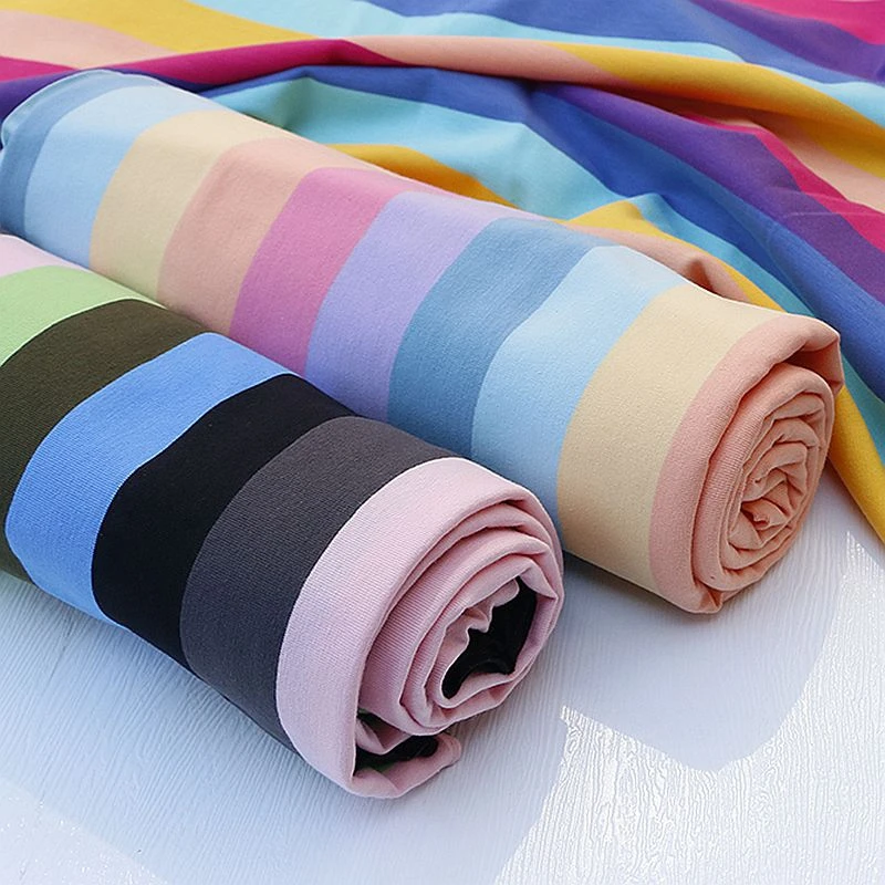 

Colorful Rainbow Summer Thin Striped T-Shirt Skirt Stretch Knitted Fabric By Meters 50*185cm TJ3859