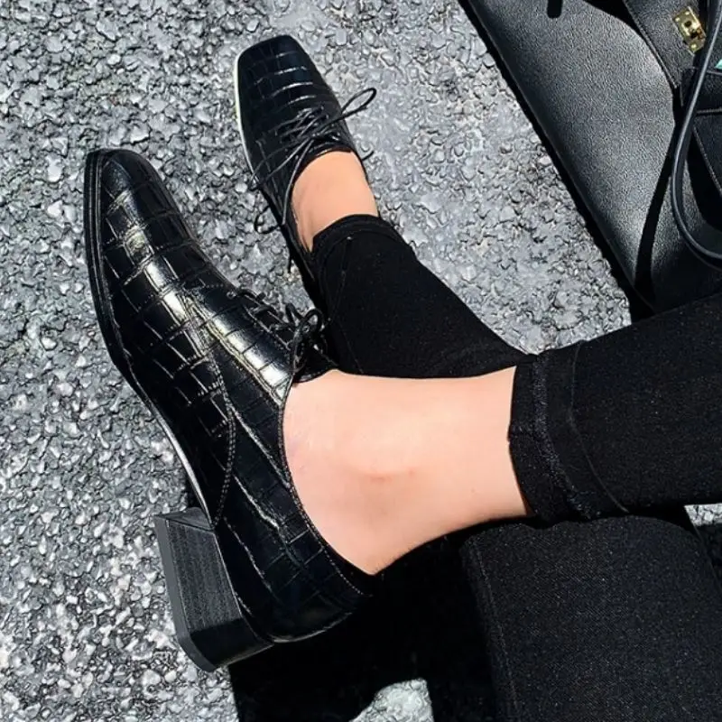 

Rizabina Women Flats Real Leather Fashion Cross Strap High Heel Shoes Woman Square Toe Office Lady Casual Footwear Size 34-39