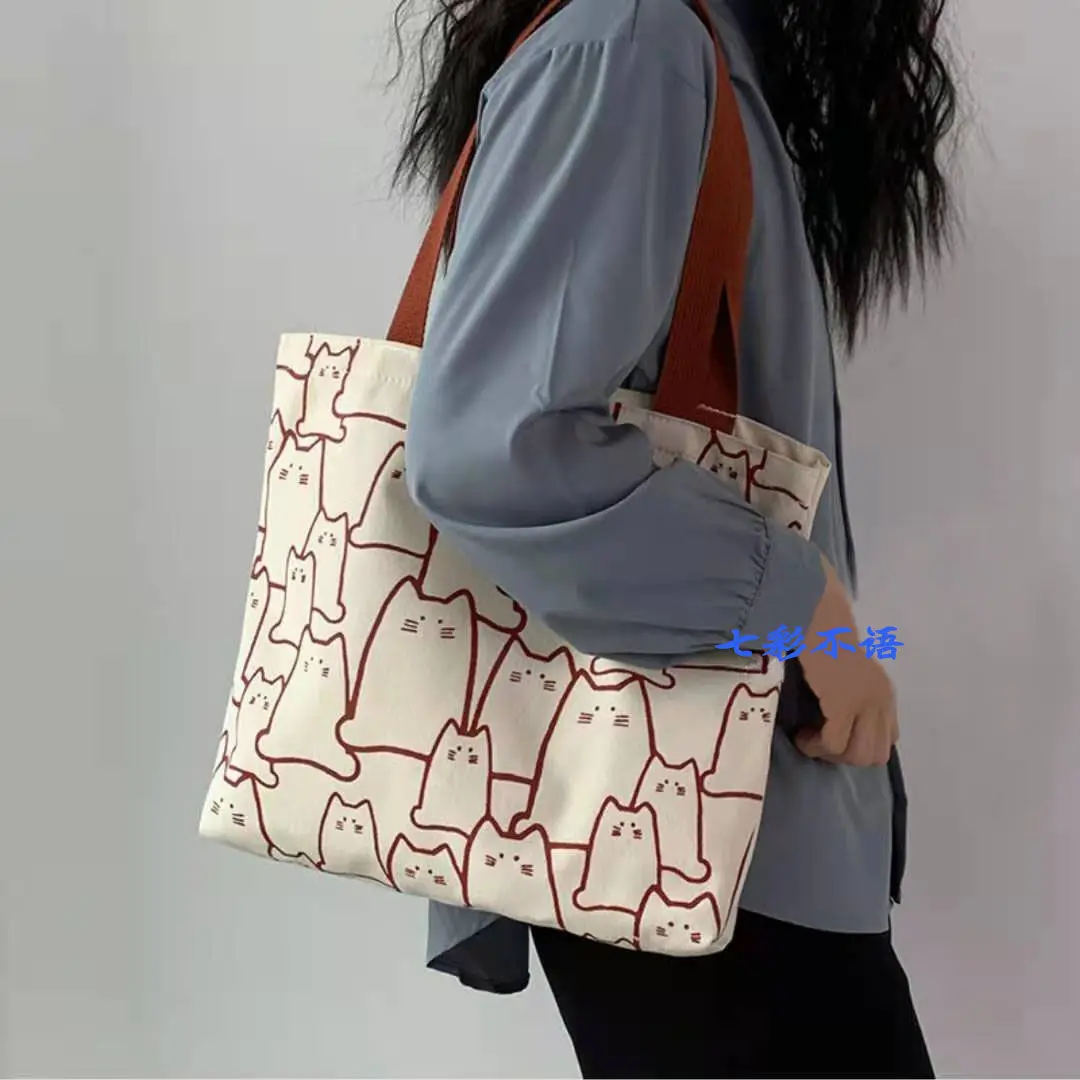 

Trend Women Bag New Canvas Handbag Shoulder Bags Cartoon Cute Cat Pattern Tote Bag Literary Zipper Luxury Handbags School Bags