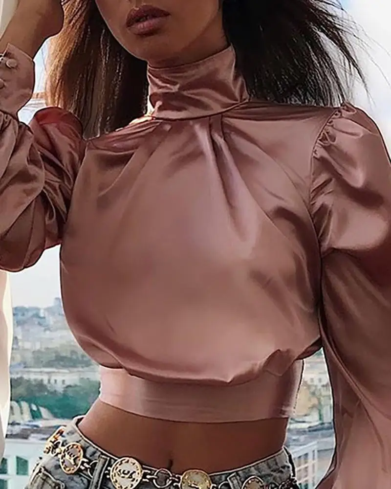 

Solid Tied Backless Lantern Sleeve Ruched Crop Top Wo,em High Neck Soild Long Sleeve Shirt