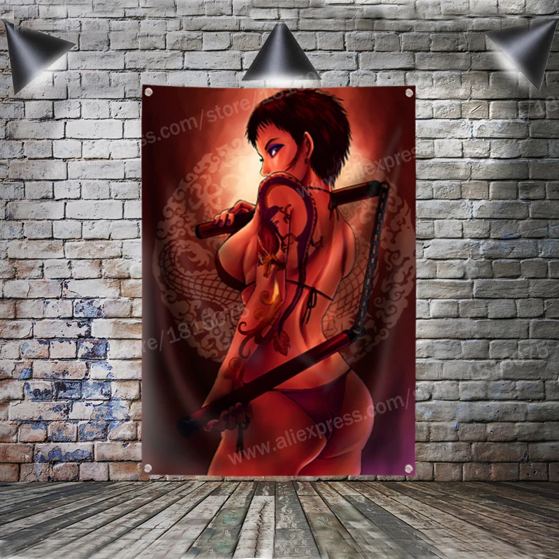 

Tattoo Flag Banner Nunchakus Sexy Lady Beauty And Art Home Decoration Hanging Flag 4 Gromments In Corners 3*5FT 144*96CM