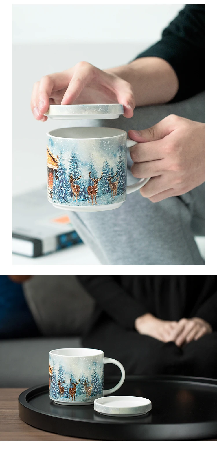 OUSSIRRO 400ml Ceramic Cup Kit Porcelain Constellation Theme LuckyMerry Christmas Mug with Gift Box Christmas Gift for Friends