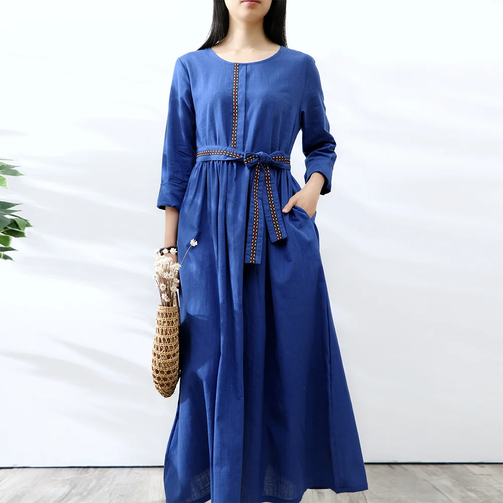 

Dresses Dress Spring Summer Ethnic-Style Long Sleeve Cotton Linen Autumn Slimming High-waisted Hemline Travel And Art Long