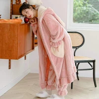 winter warm pink flannel pajamas set for women thick warm cute long sleeves sleepwear 2 pieceset pyjamas suit homewear clothes
