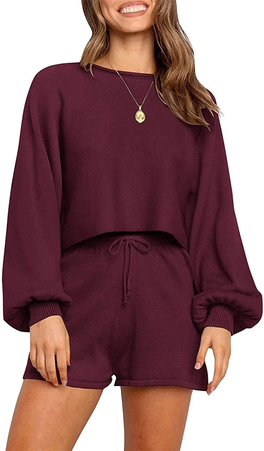 

2020 European and American Style 2-piece Long-sleeved Knitted Pullover Crop Top Shorts Sports Suit Clothes Woman Pants